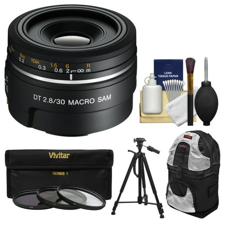 Sony Alpha A-Mount 30mm f/2.8 DT Macro SAM Lens with Sling Backpack + Tripod + 3 Filters + Kit for A37, A58, A65, A68, A77 II, A99 (Best Minolta Lenses For Sony A77)