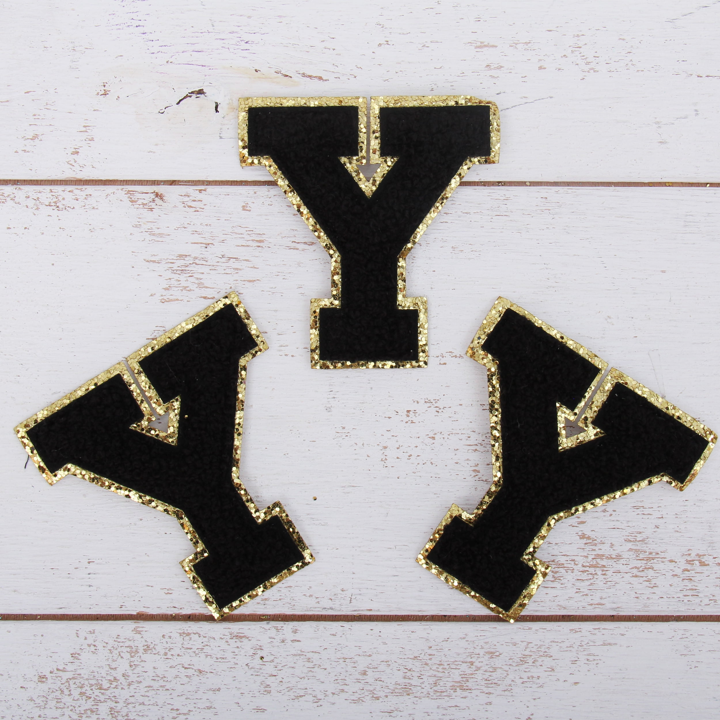 Black Iron On Varsity Letter Patches - Set of 3 Letters - Large 8 cm  Chenille with Gold GlitterL