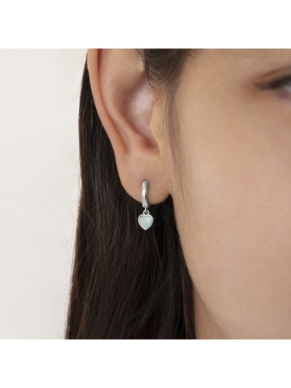 925 Sterling Silver Small Simulated Opal Heart Dangle Hoop Earrings For Girls