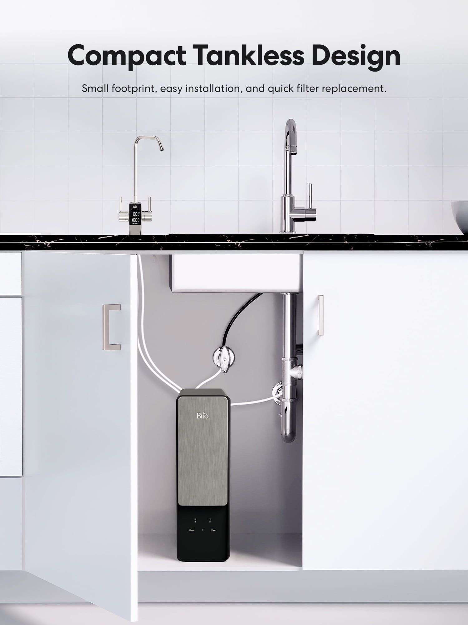 Brio Aquus Reverse Osmosis Tank Less Water Filtration System with Smart Faucet, 800 Gallons Per Day, 2:1 Pure to Drain