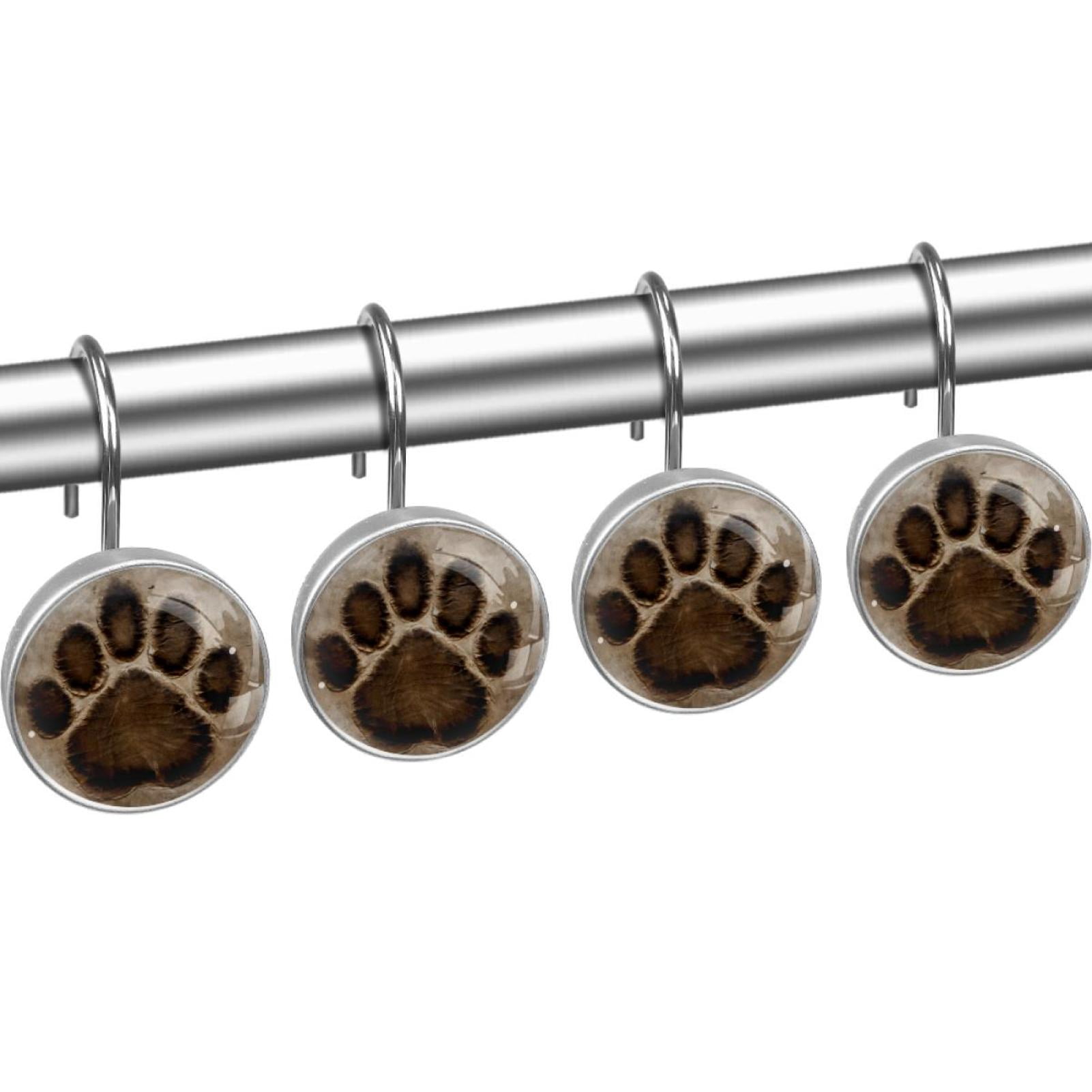 Animal Paw Prints Shower Curtain Hooks （Set of 12） for Home Hotel Shower Rods Bathroom Crystal Glass Print Stainless Steel Round Curtain Hooks