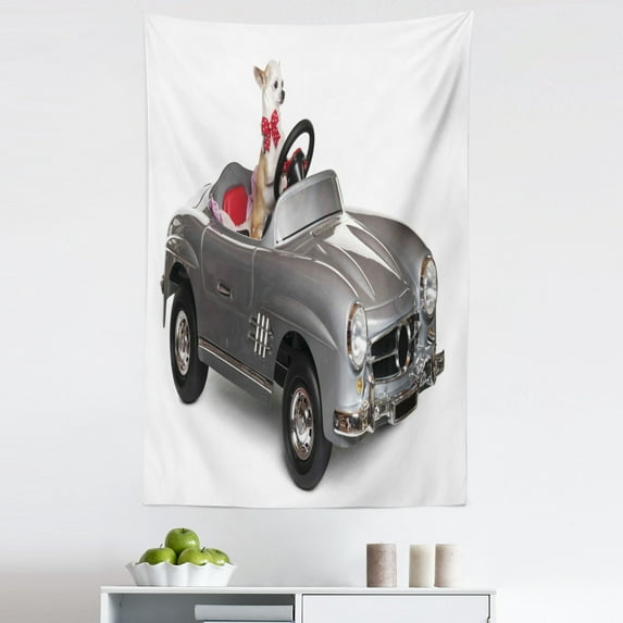 Dog Driver Tapestry, Chihuahua Puppy in the Car with Bow Tie Fashion Auto First Studio Shot, Fabric Wall Hanging Decor for Bedroom Living Room Dorm, 5 Sizes, Multicolor, by Ambesonne