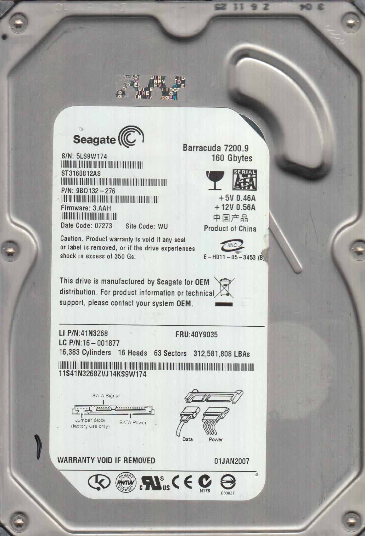 ST3160812AS, 5LS, WU, PN 9BD132-276, FW 3.AAH, Seagate 160GB SATA 3.5 ...