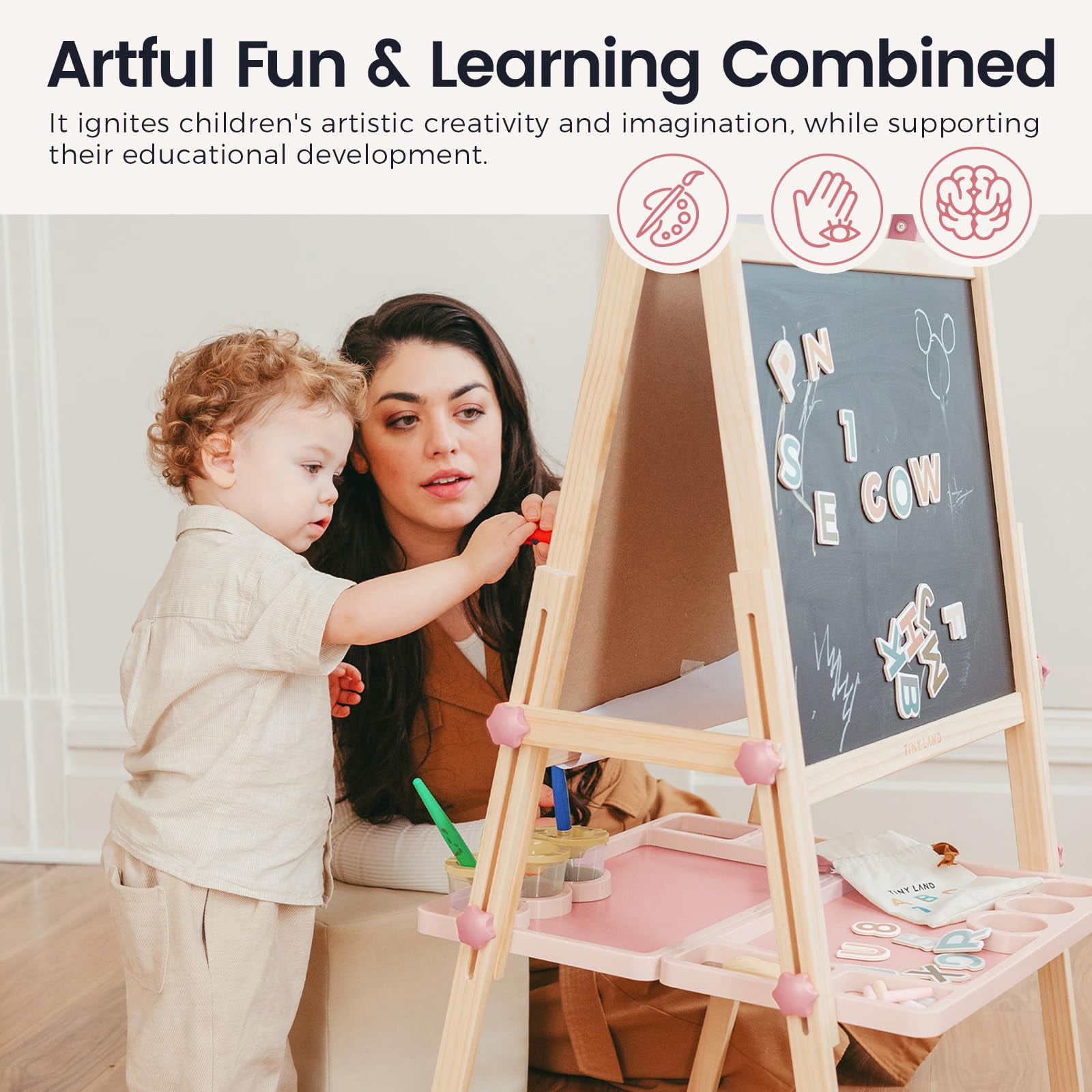 Tiny Land Easel for Kids, Double-Sided Magnetic Easel with Drawing Accessories, Adjustable Wooden Kids Art Easel with Paper Roll, Learning-Toy for 3-8 Years Old Boy & Girls Pink