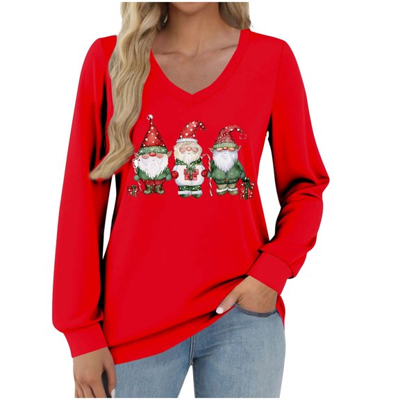 asdoklhq Christmas Womens Sweater Women's Fashionable and Casual Loose Christmas V-neck Long Sleeved T-shirt Top Red M