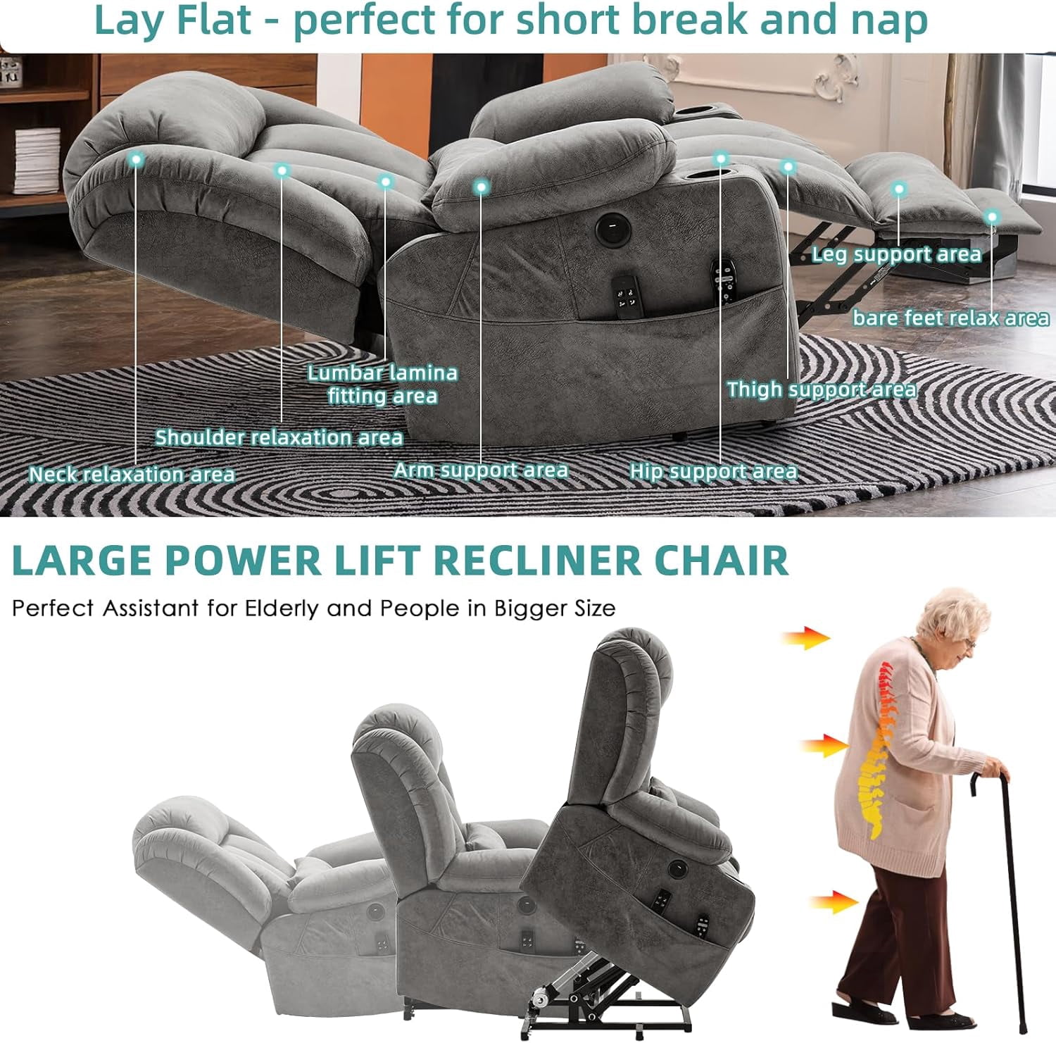 MEETWARM Oversized Dual Motor Lay Flat Power Lift Recliner Chair for Big Elderly with Heat Massage, Large Sleeping Electric Recliner with Extended Footrest, Lumbar Pillow, USB & Type-C Ports, Gray