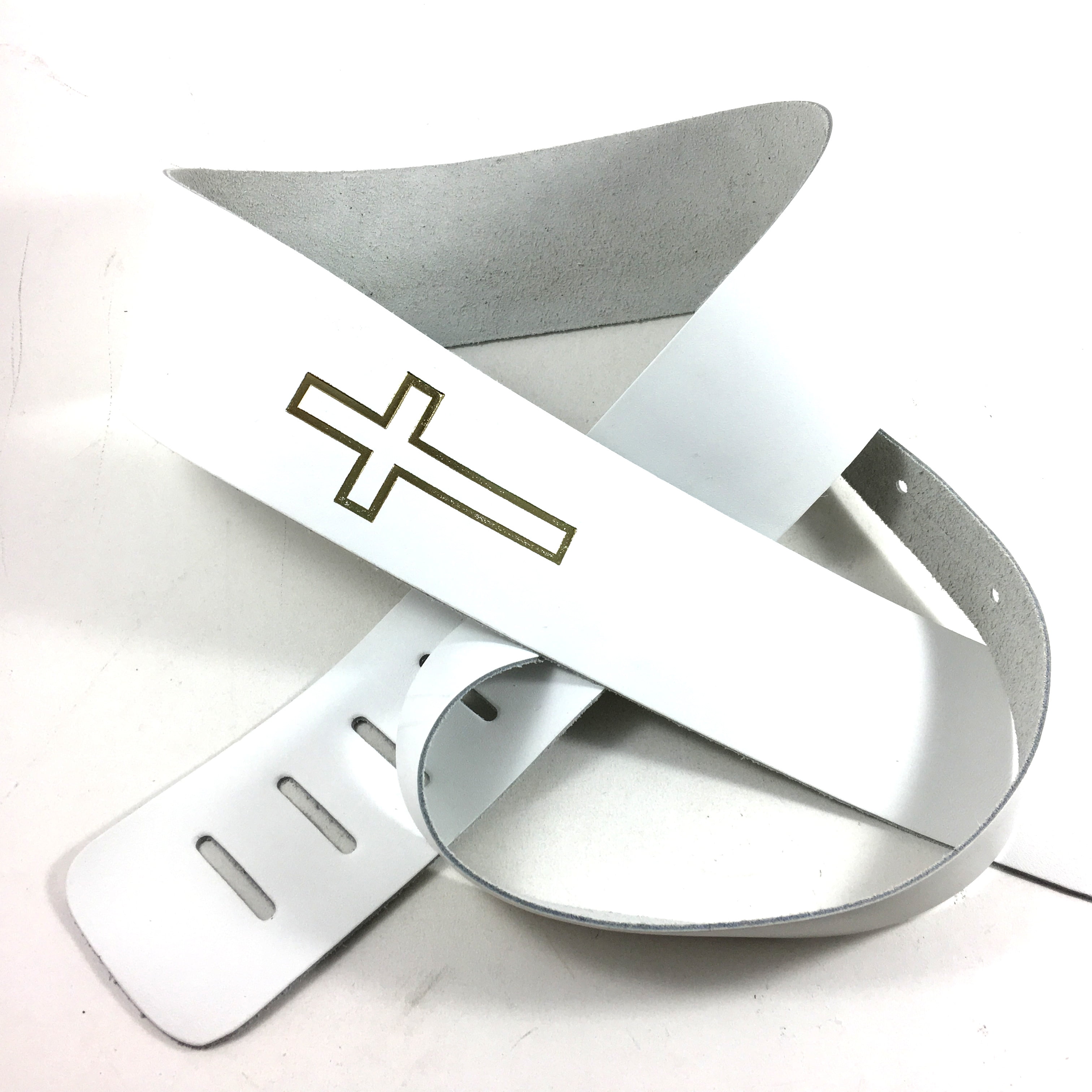 Christian Guitar Strap Leather Gold Color Cross White Fort Bryan