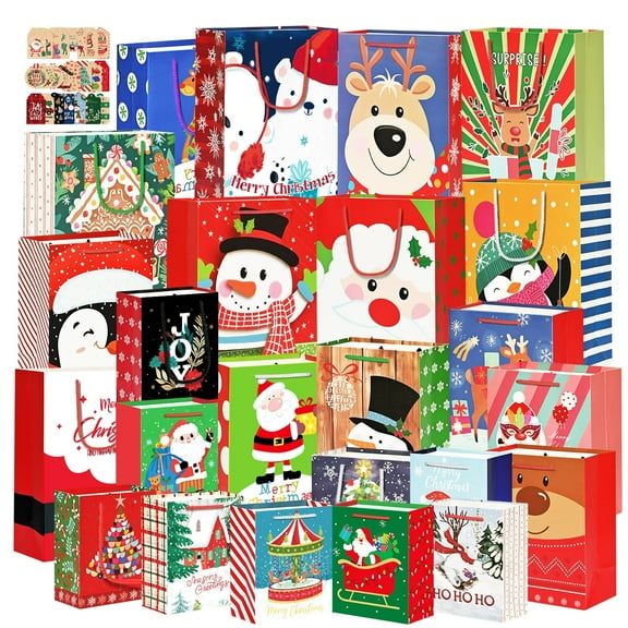 24 Pack Christmas Gift bags Assorted Sizes with 24 Christmas Gift Tags,Christmas Paper Bags with Handle,8 Large 8 Medium 8 Small Holiday Gift Bags for Kids,Christmas Presents,Xmas Party Favors