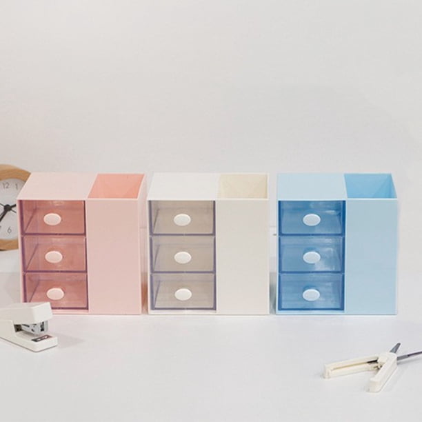 Organizador de escritorio con cajón • Organizador de escritorio de plástico blanco y azul • 4,72x4,72x3,94 pulgadas para bolígrafos, lápices y material de oficina
