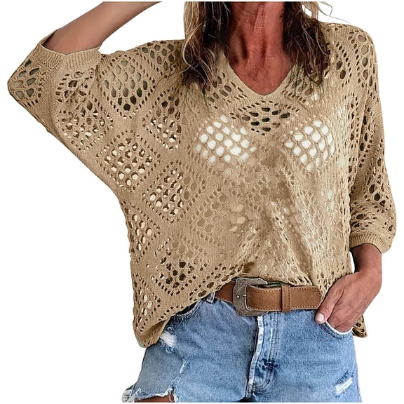 Kilaqueen Womens Bohemian-Inspired Crochet Top Summer Casual Batwing Sleeve V-Neck Hollow Out Beach Cover-Up Plus Size Knit Pullover Swimsuit Coverups