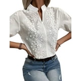 Embroidered Eyelet Notched Half Sleeve Blouse