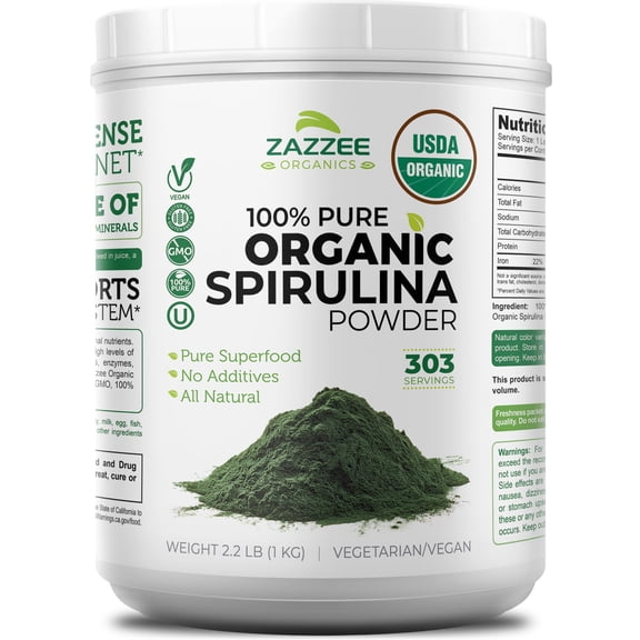 Zazzee USDA Organic Spirulina Powder – 2.2 Pounds (1 KG) – 303 Servings – 100% Pure, Non-Irradiated & Kosher – Fresh Smell & Neutral Taste – Mess-Free Wide Mouth Container – Non-GMO • Gluten-Free • M