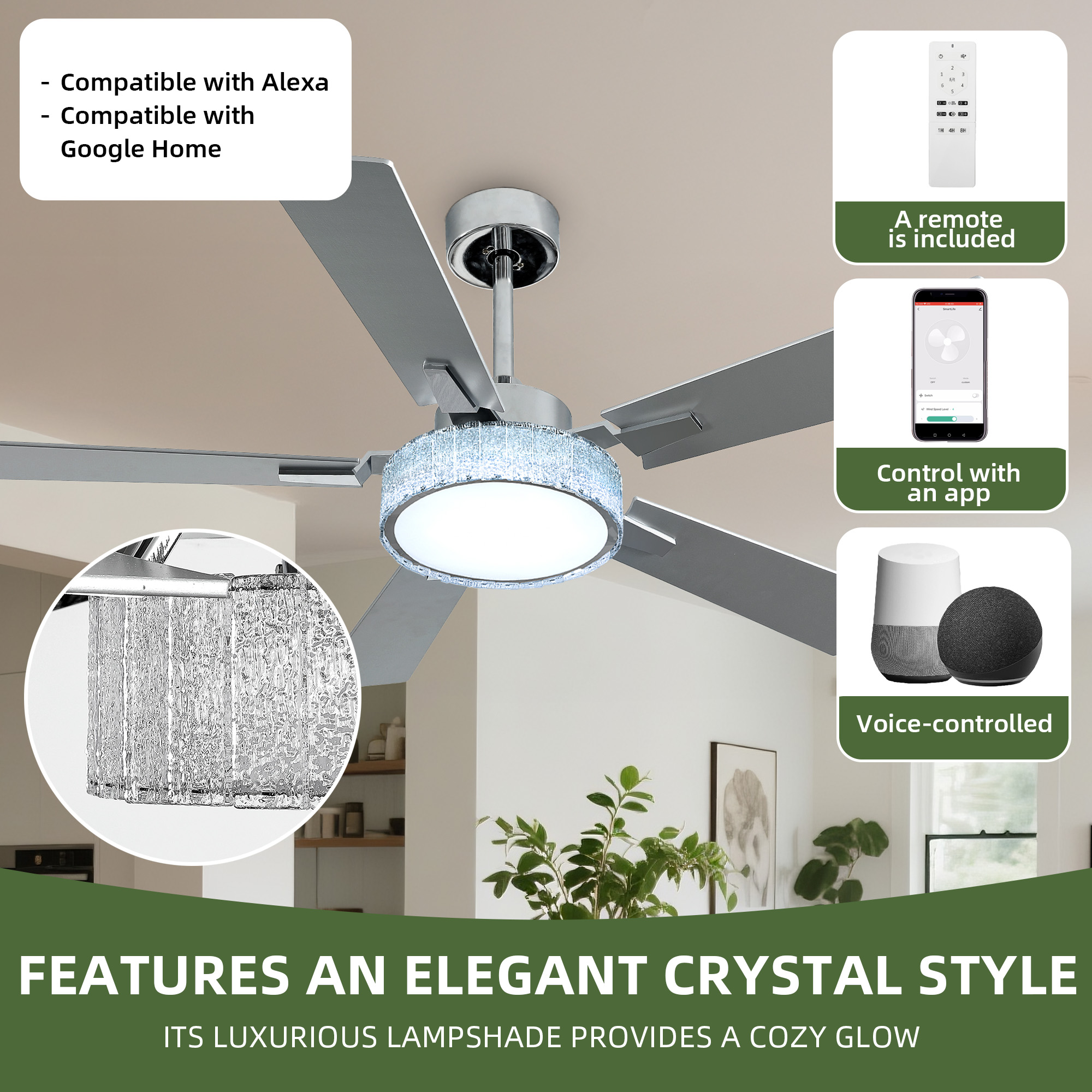 Uforic Modern Ceiling Fans with Lights and Remote & App, 52 Inch Indoor Chandelier Ceiling Fan with Light & Compatible with Alexa