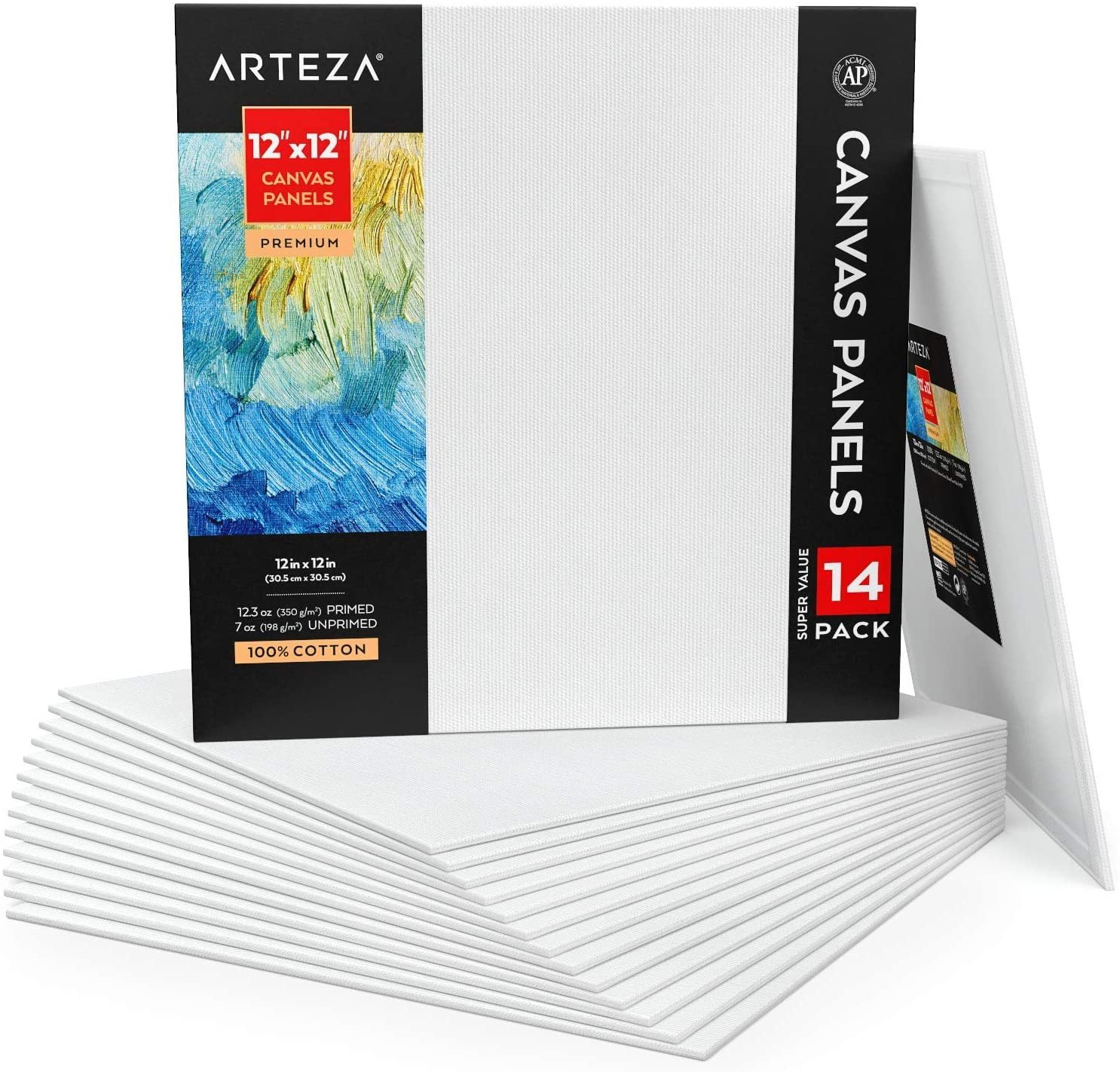 Arteza Canvas Panels, Premium, White, 12'x12', Blank Canvas Boards for Painting - 14 Pack