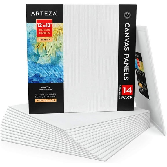 Arteza Canvas Panels, Premium, White, 12"x12", Blank Canvas Boards for Painting - 14 Pack