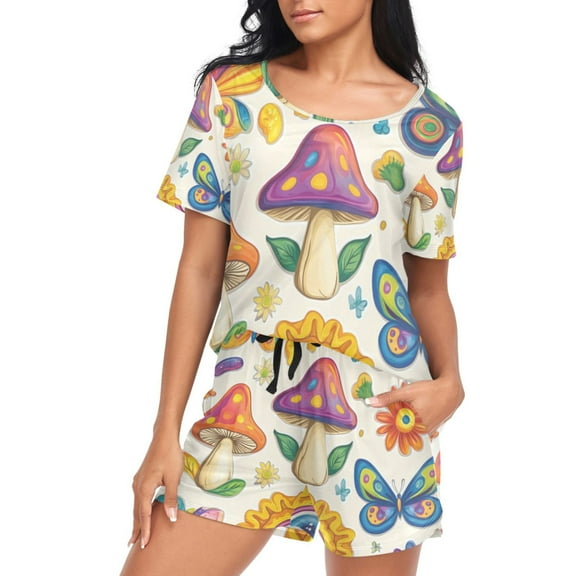 ALAZA Carton Magic Mushrooms Flower Women's Pajama Set Short Sleepwear Loungewear with Pockets M
