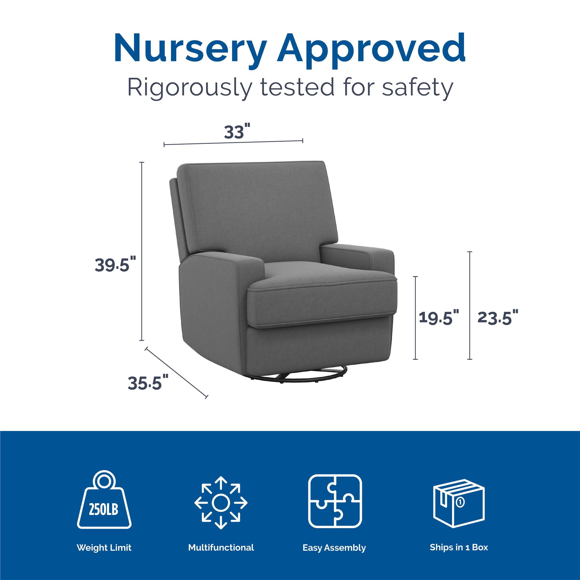 Baby Relax Rylan 4-in-1 Swivel Glider Rocker Recliner Chair, Gray