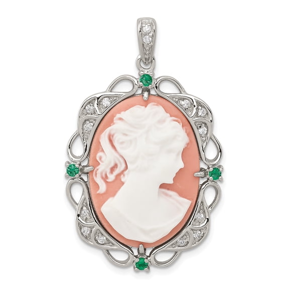 Sterling Silver Filigree Frame with Green Glass and Clear CZ Accents Plastic Pink Lady Cameo Pendant Charm