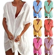 BANGYAN Women Swimsuit Cover Up Shirts Bikini Beachwea Round Neck Bathing Suit Beach Dress Shirts,WhiteS