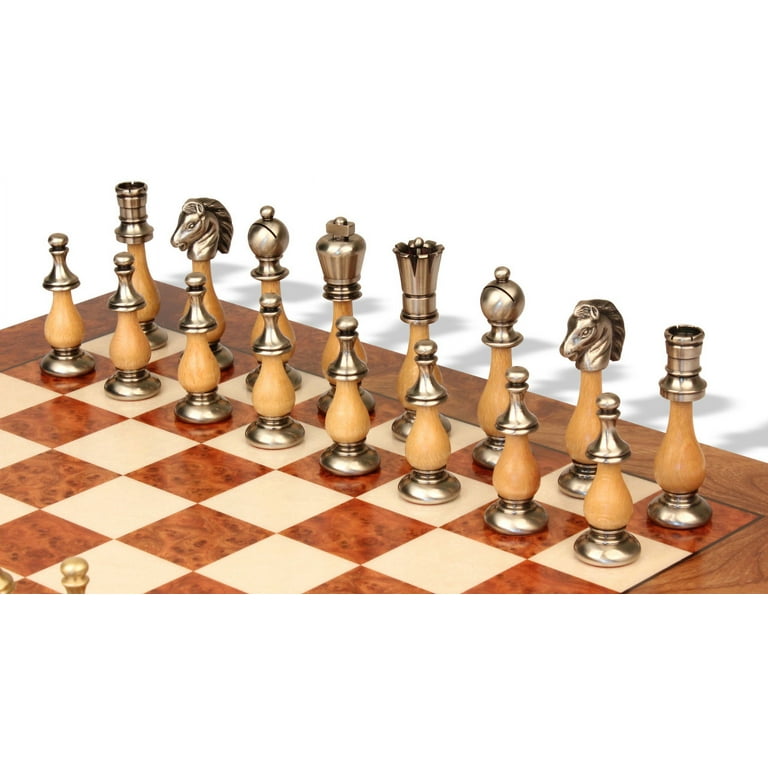 Large Contemporary Staunton Solid Brass & Wood Chess Set with Blue Ash Burl  Board - The Chess Store