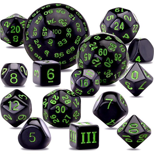 GFDYREE 15 Pcs Complete Polyhedral Dice Set D3-D100 Game Dice with a Leather Drawstring Storage Bag for Role Playing Table Games(Black & Green)