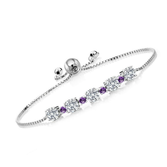 Gem Stone King 925 Sterling Silver Lab Grown Diamond and Purple Amethyst Bracelet for Women | 2.74 Cttw | Gemstone April Birthstone | Round 5MM