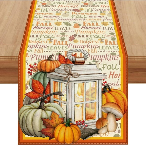 Linen Fall Table Runner 36 Inches Long - Farmhouse Leaves Pumpkin Table Decor for Autumn Thanksgiving Home Kitchen Dining Room Decorations