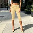 thumbnail image 4 of Women's Striped Capri Leggings Fold Over High Waist Tummy Control Workout Yoga Pants Split Hem Knee Length Soft Stretch Casual Pants Yellow, 4 of 7