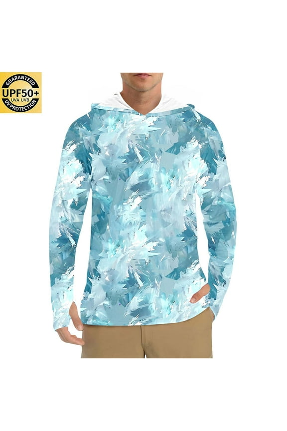 Men's UPF 50+ Hiking Hoodie Shirts with Thumb Holes Sun Protection Fishing Long Sleeve Quick Dry Outdoor Hooded Top 003-Light Blue