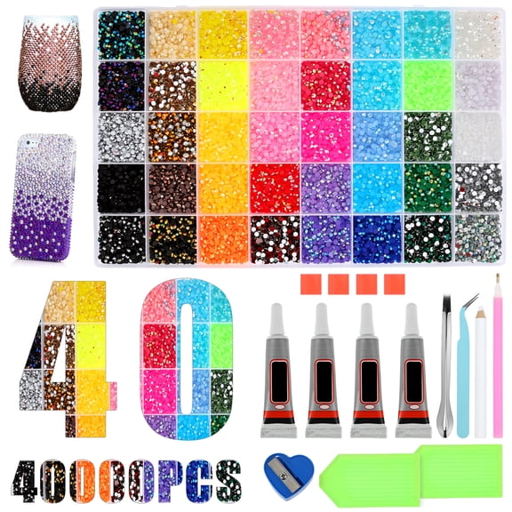 40000 Pcs 40 Colors Bedazzler Kit with Tool,0.118 in Bling Bedazzle Gem,Flat Back Resin Rhinestone with 4 Pcs B7000 Glue for Book Clothes Decor
