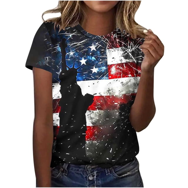 LMKIHUSA Hauts Rouges Blancs et Bleus pour Femmes Blouses à Imprimé Drapeau des États-Unis du 4 Juillet Manches Courtes Col Rond Chandails Décontractés Chic Été 2025 T-Shirts Multicolores,S