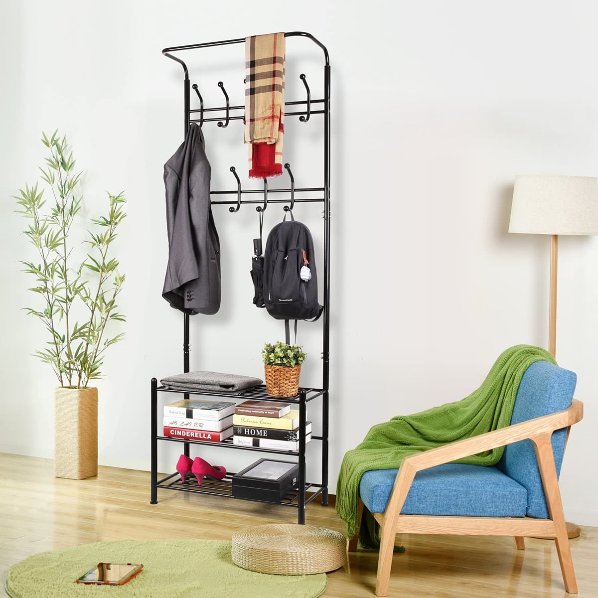 3 in 1 Coat Rack With Shoe Bench Shelves, Hall Tree
