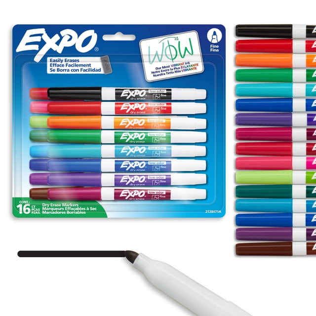 EXPO Dry Erase Markers, Low Odour Ink, Fine Tip, Assorted Colours, 16 Count