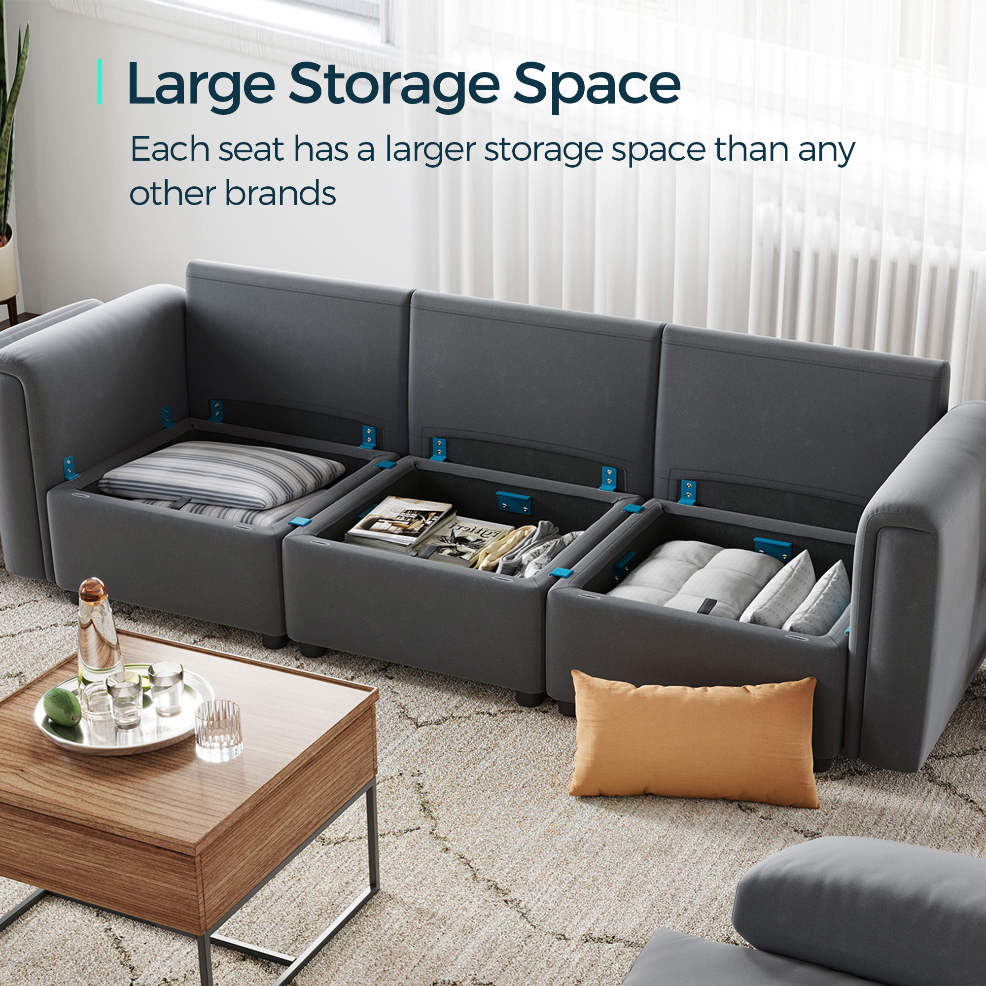 LINSY HOME Modular Couches and Sofas Sectional with Storage Sectional Sofa U Shaped Sectional Couch with Reversible Chaises, Dark Gray - image 3 of 13