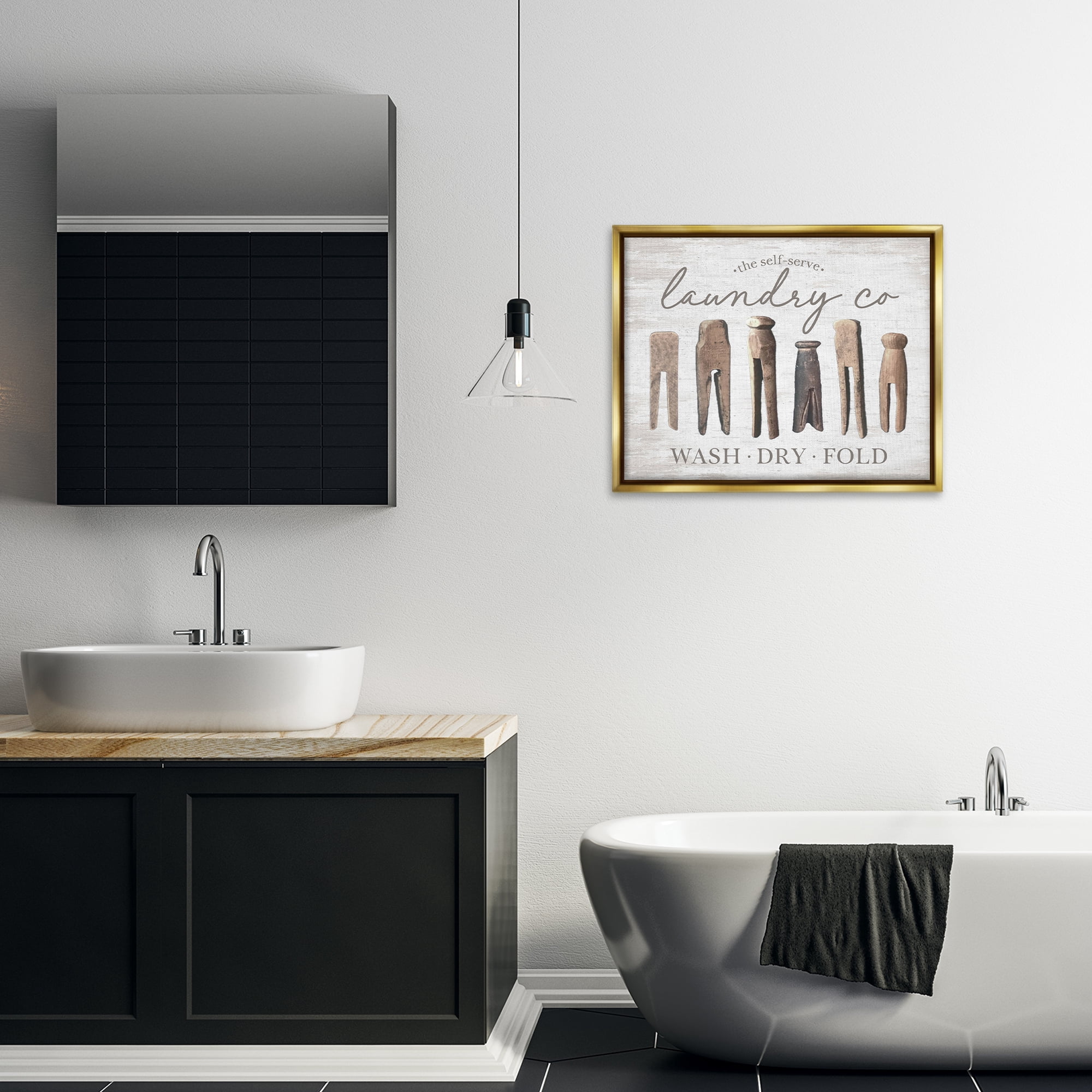 Stupell Industries Rustic Laundry Clothespins Typography Painting Gold Floater Framed Art Print Wall Art, 31 x 25