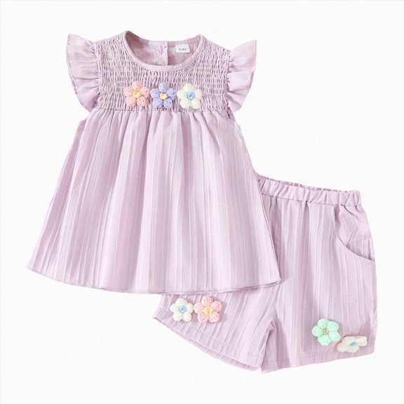 UAYOTSE Toddler Baby Girl Summer Clothes 3D Flower Ruffle Sleeveless Smocked Tunic Top Shorts Set Cotton Linen Outfit 2Pcs,Sizes 18-24 Months