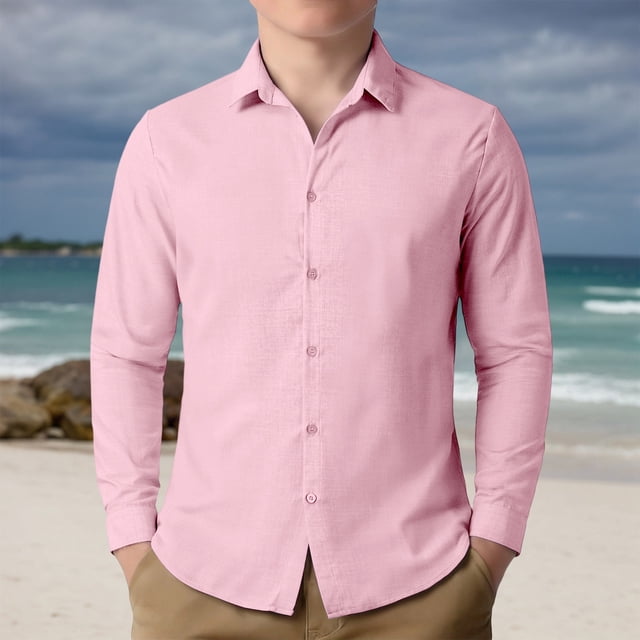 Kids Linen Button Down Shirts, Solid Long Sleeve Casual Tops for Spring & Summer, 3-14Y