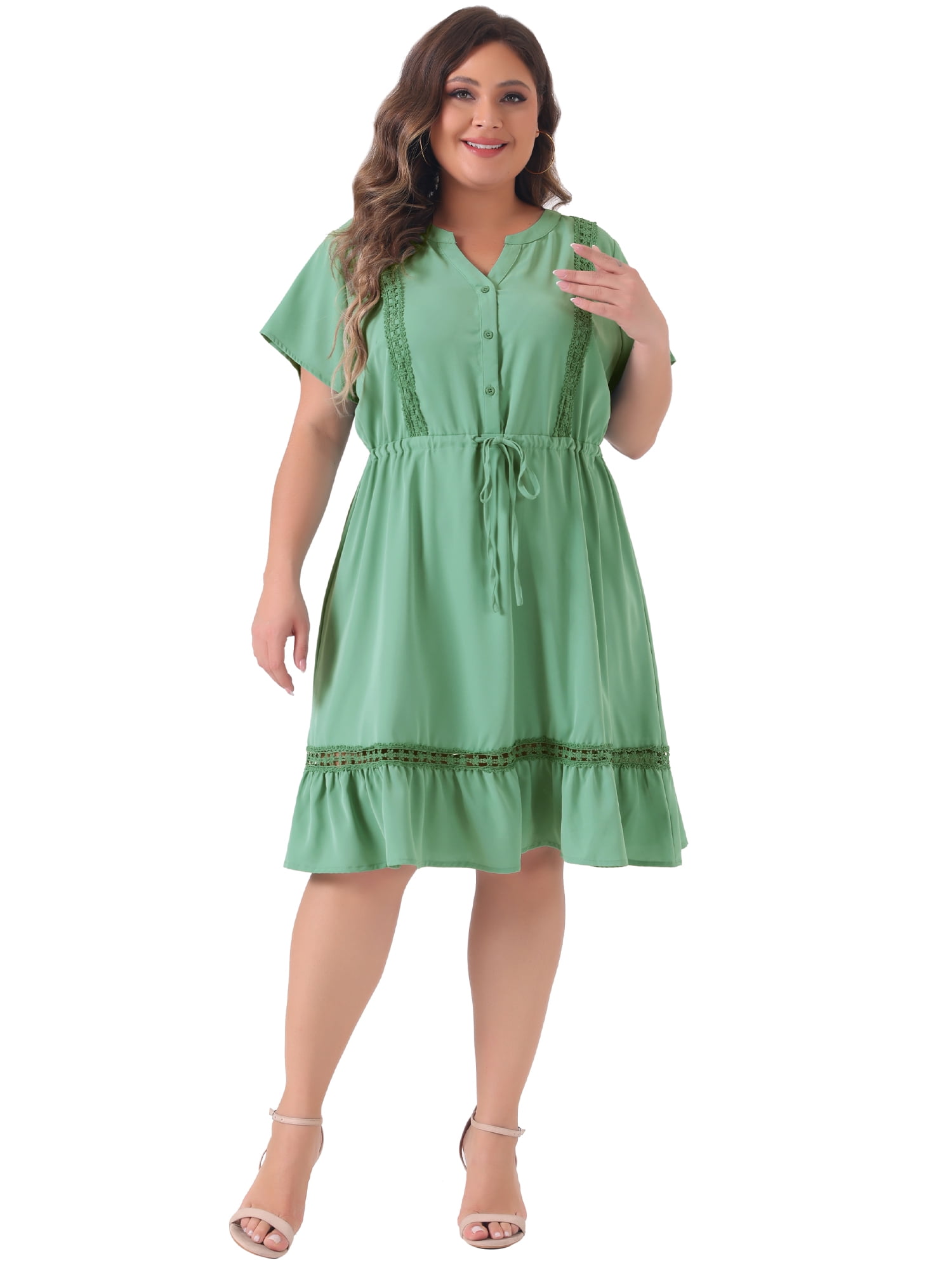 DARING DIVA Plus Size Button V Neck Midi Ruffle A Line Swing Dress 2X Light Green