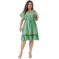 thumbnail image 3 of DARING DIVA Plus Size Button V Neck Midi Ruffle A Line Swing Dress 1X Light Green, 3 of 6