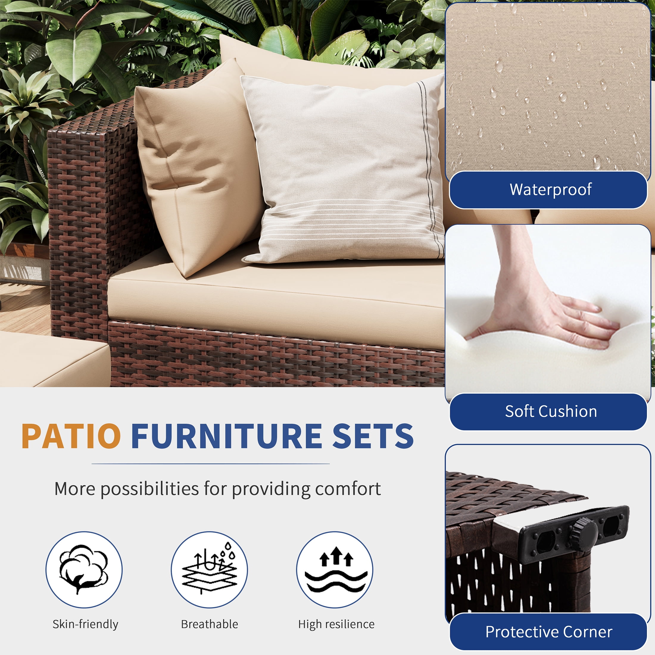 UDPATIO Patio Furniture Sets, Modular Rattan Outdoor Patio Sectional Furniture Sofa Set, Wicker Patio Conversation Set for Backyard,9PCS