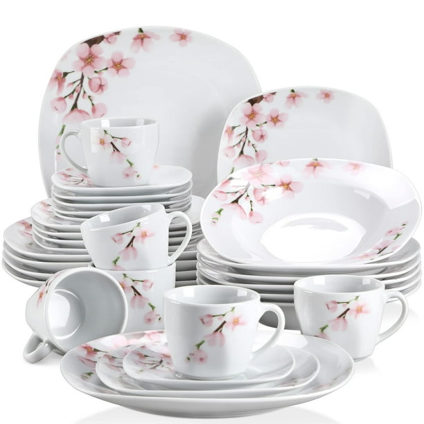 Veweet Series Annie Juegos De Vajilla De Porcelana Para 6 Platos Blancos Con Flores Rosas Juegos De Cena De 30 Piezas Que Incluyen Platos Llanos Platos De Postre Juego De Platos Hondos Tazas Y Platill