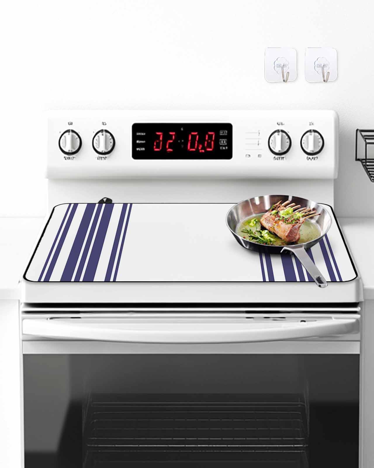 Stove Top Covers for Electric Stove, Navy Blue Striped Glass Stovetop Cover Protector, Modern White Striped Abstract Art Aesthetics Induction Cooktop Protector Oven Mat for Kitchen Countertop 24"x21"
