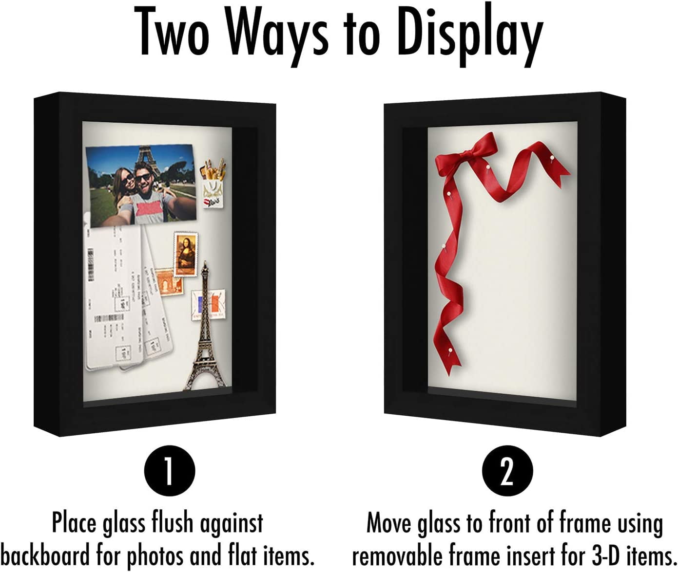 Americanflat 5x7 Shadow Box Frame in Black with Soft Linen Back - Composite Wood Frame with Shatter Resistant Glass for Wall and Tabletop - Memory Box with Pin Board - 2 Pack