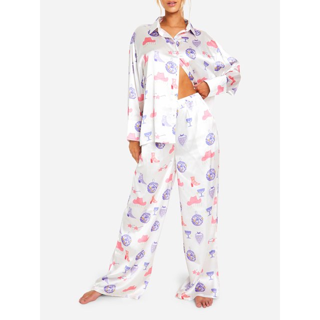 Conjunto de pijama de satén de seda para mujer 2024, elegante top de manga larga con estampado navideño y pantalones, ropa de dormir para estar en casa