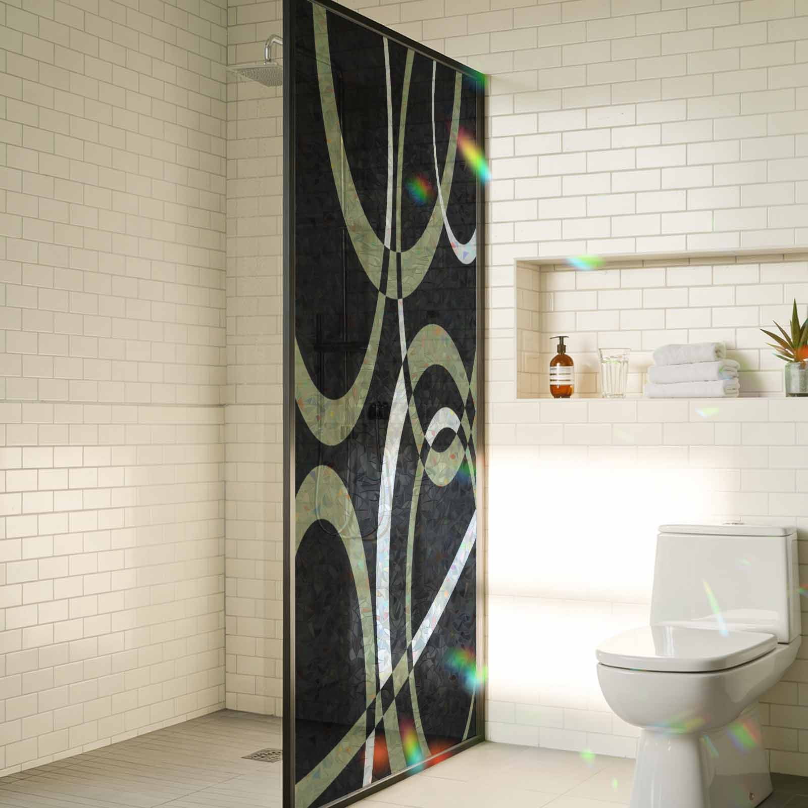 Black Geometric Window Privacy Film Stain Glass,Reusable Decorative Rainbow Window Film,Modern Sage Green White Striped Art Static Cling Sun Blocking Stickers Decals Covers 17.7" x 39.3" (2pcs)