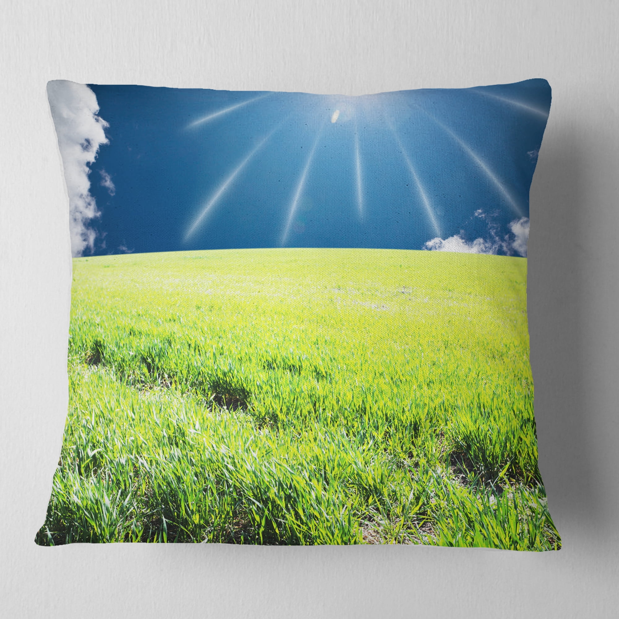 Designart Sunny Field with Green Grassland - Landscape Printed Throw Pillow - 18x18