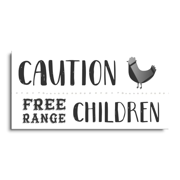 Caution Free Range Children Black Chicken 24 x 12 Glass Wall Hanging Sign