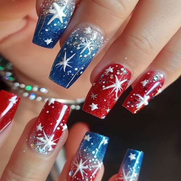 24 Pieces Acrylic Artificial Nails With Star Glitters Design Full Covers For 4th Of July Celebrations