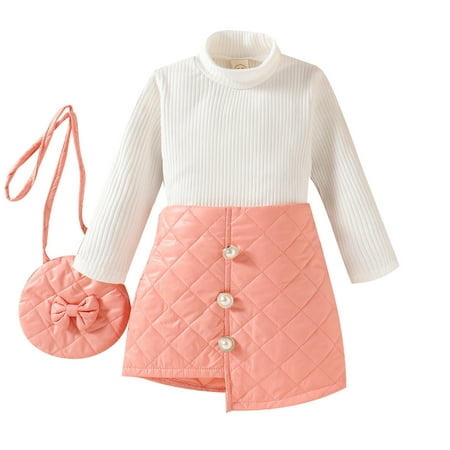 

Kids Child Infant Baby Girls Long Sleeve Solid Ribbed Tops Patchwork Skirt With Handbag 3PCS Outfits Set