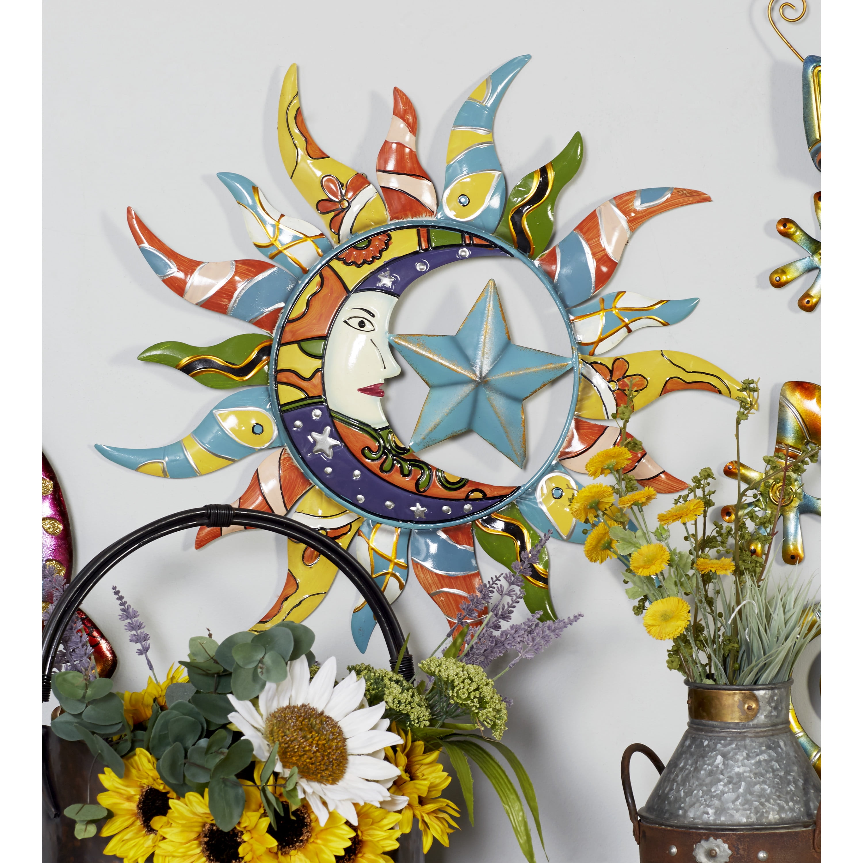 DecMode Multi Colored Metal Indoor Outdoor Sun and Moon Wall Decor with